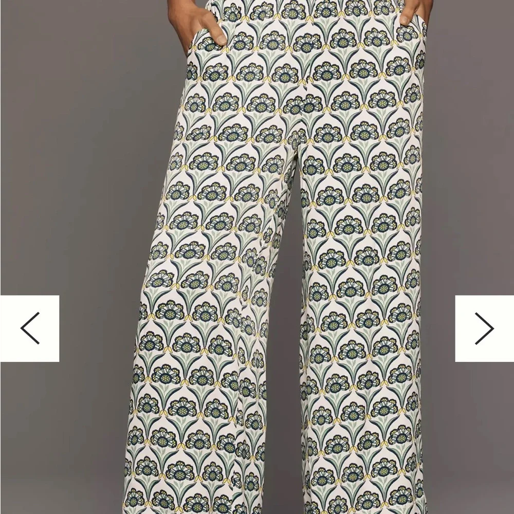 Anthropologie Saria Green Blue Yellow Floral Patterned Wide Leg Pants Size LT - Picture 2 of 5
